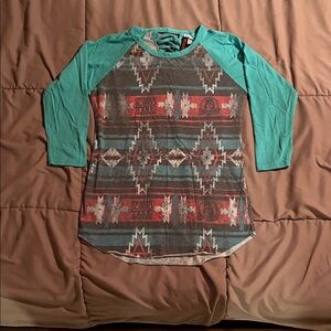 Rock & Roll Cowgirl Teal and Red Aztec Long Sleeve Tee